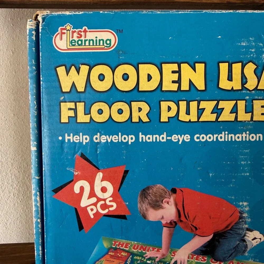 Vintage First Learning Wooden USA Map Floor Puzzle 26 Pcs 36x24 Complete OpenBox